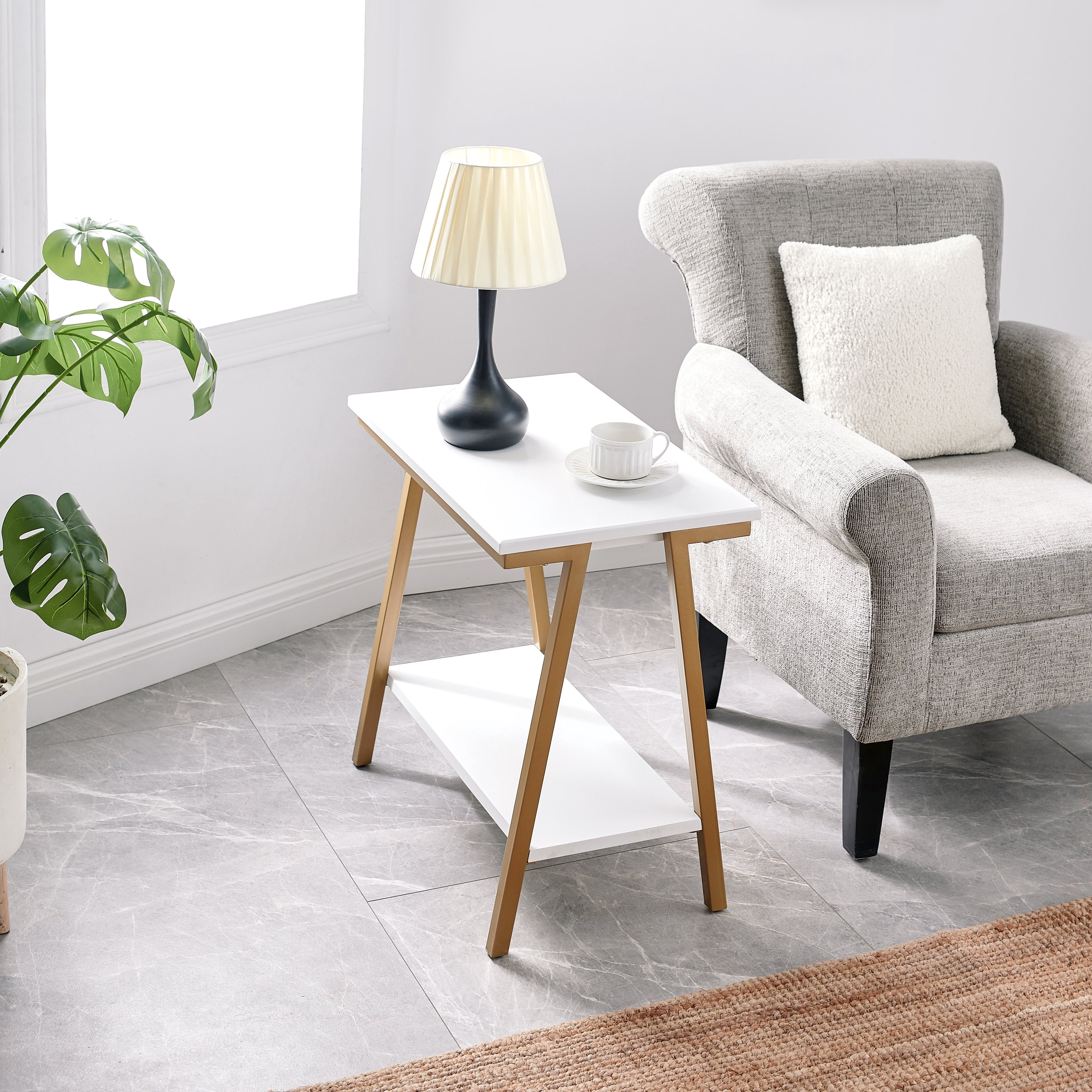 Leick Furniture Empiria Wood and Metal Narrow End Table with Shelf, White/Gold