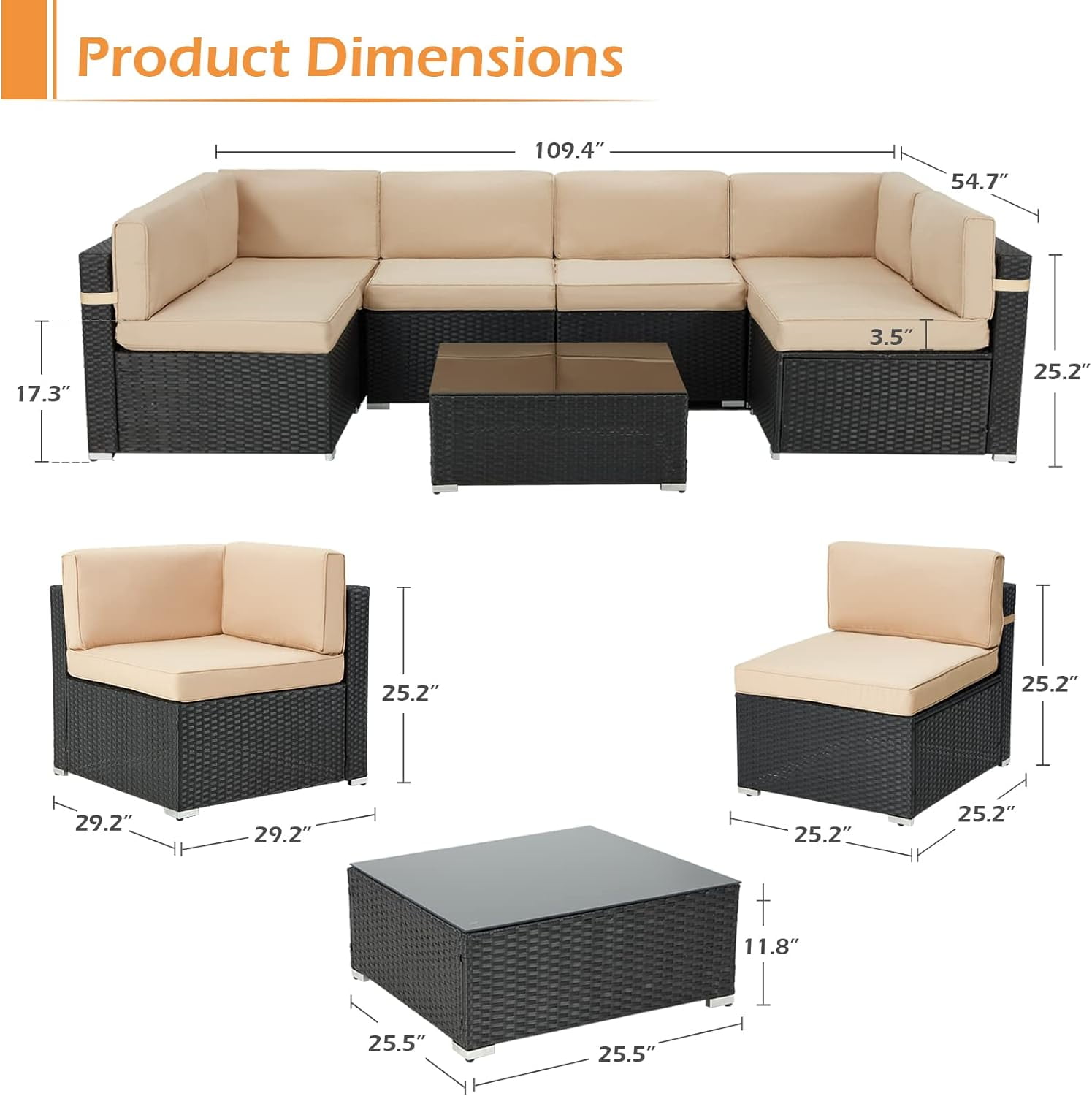 Danrelax 7-Piece Outdoor Sectional Sofa Patio Conversation Set, PE Rattan Wicker Furniture, Steel Frame, Brown w/ Black Rattan