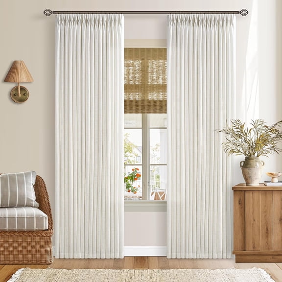 Pleated 90 Inch Linen Curtains 2 Panels Set for Living Room Pinch Pleat Drapes Track System Memory Trained Light Filtering Semi Sheer Curtain 90 Inches Long for Dining Bedroom Office W50xL90