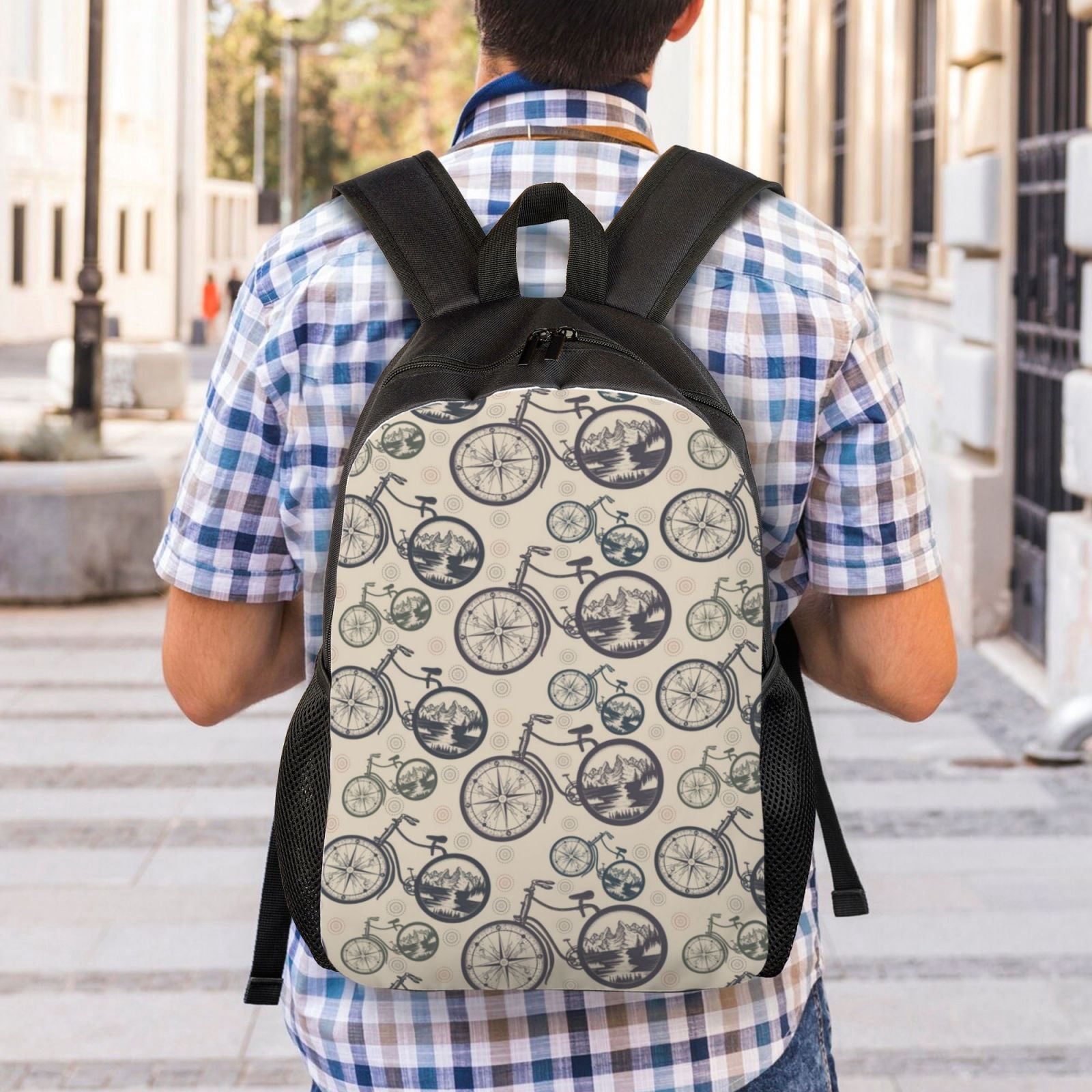 Xecao Compass And Mountains In Bicycle Wheels Print School Backpack with Laptop Compartment Small Travel Laptop Backpack for Women Men Waterproof College Backpack Simple School Bag