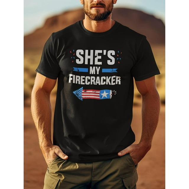 Men's "She's My Firecracker" Graphic T-Shirt - 100% Cotton, Breathable & Comfortable - Casual Summer Fashion Tee with Patriotic Print