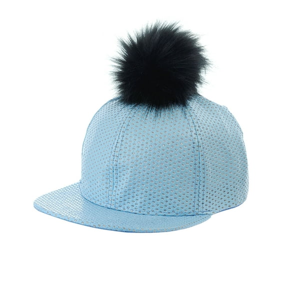 Unisex Style Faux Fur Pom Pom Snapback Flat Bill Cap Hat - Silver Glitter on Sky Blue