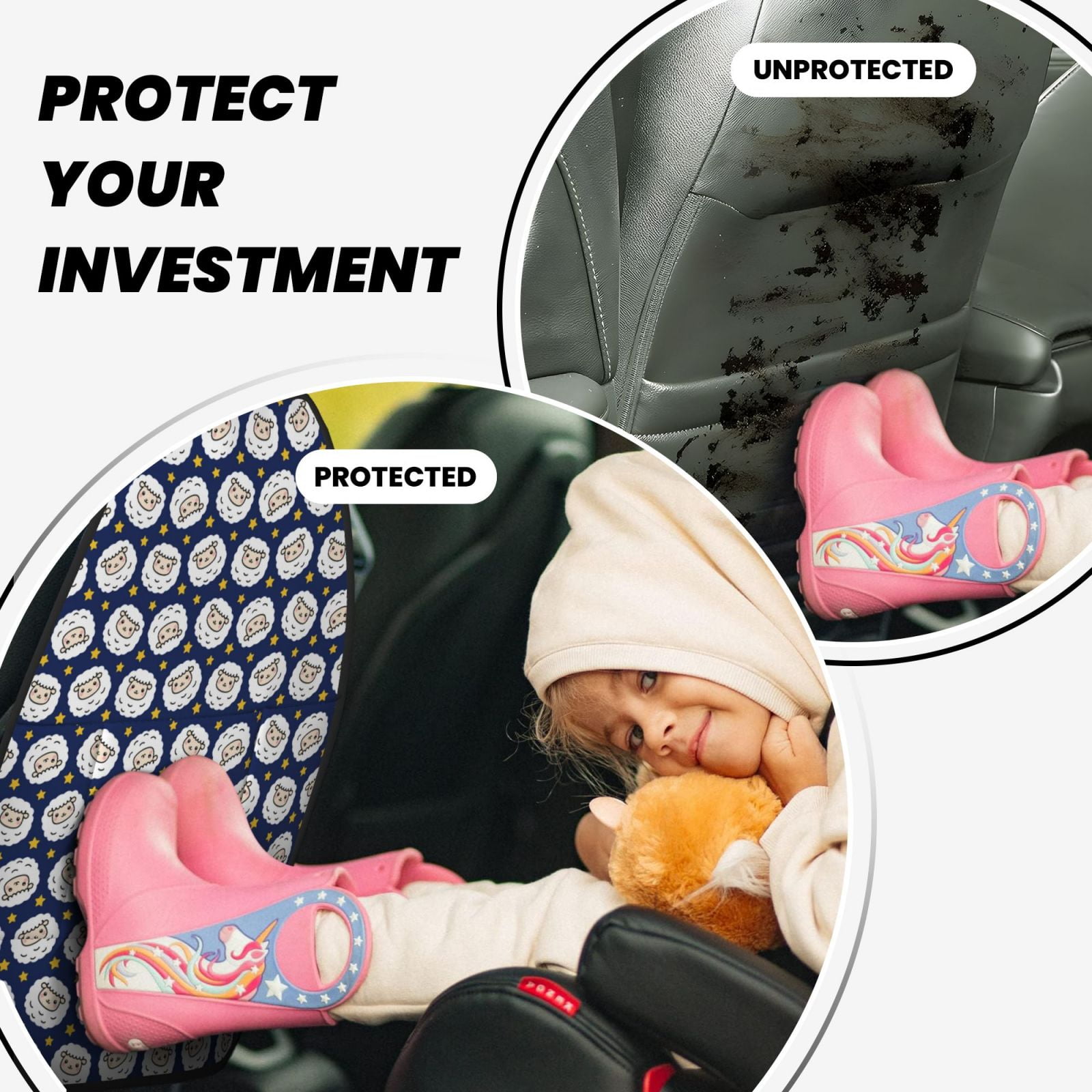 Xecao Cute Sheep With Star Pattern Car Seat Back Protector 2 Pack Large Capacity Pocket, Kick Mats Back Seat Protector