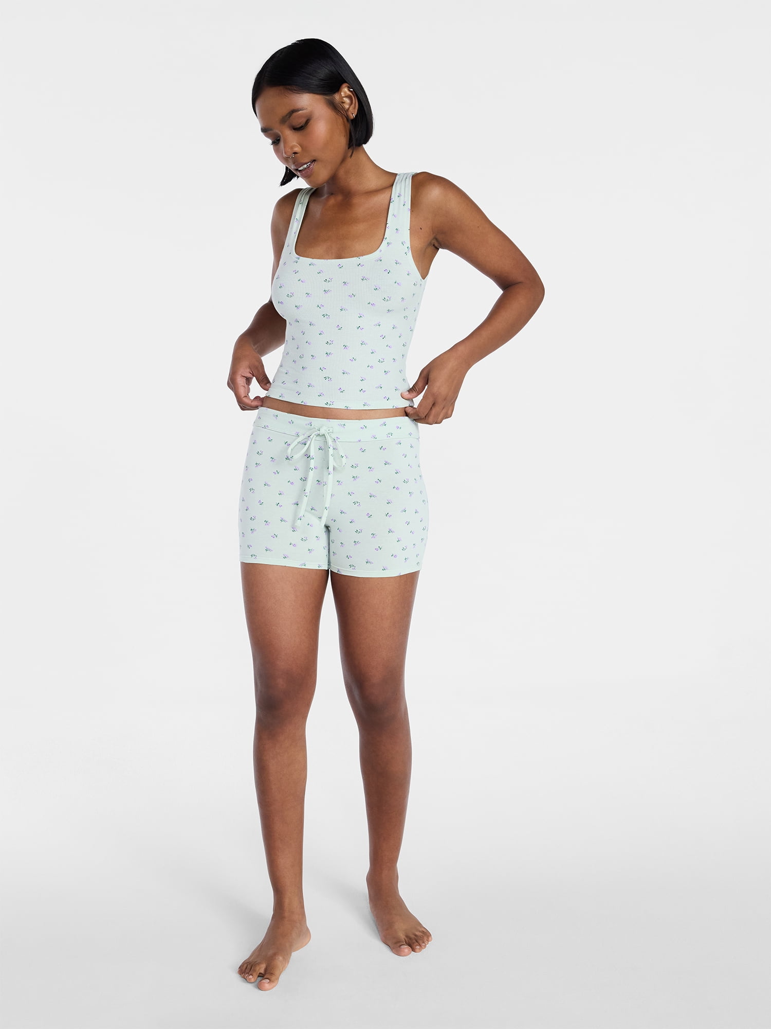 No Boundaries Cotton Stretch Ribbed Tank Top and Shorts Pajama Set, Women's XS-XXXL