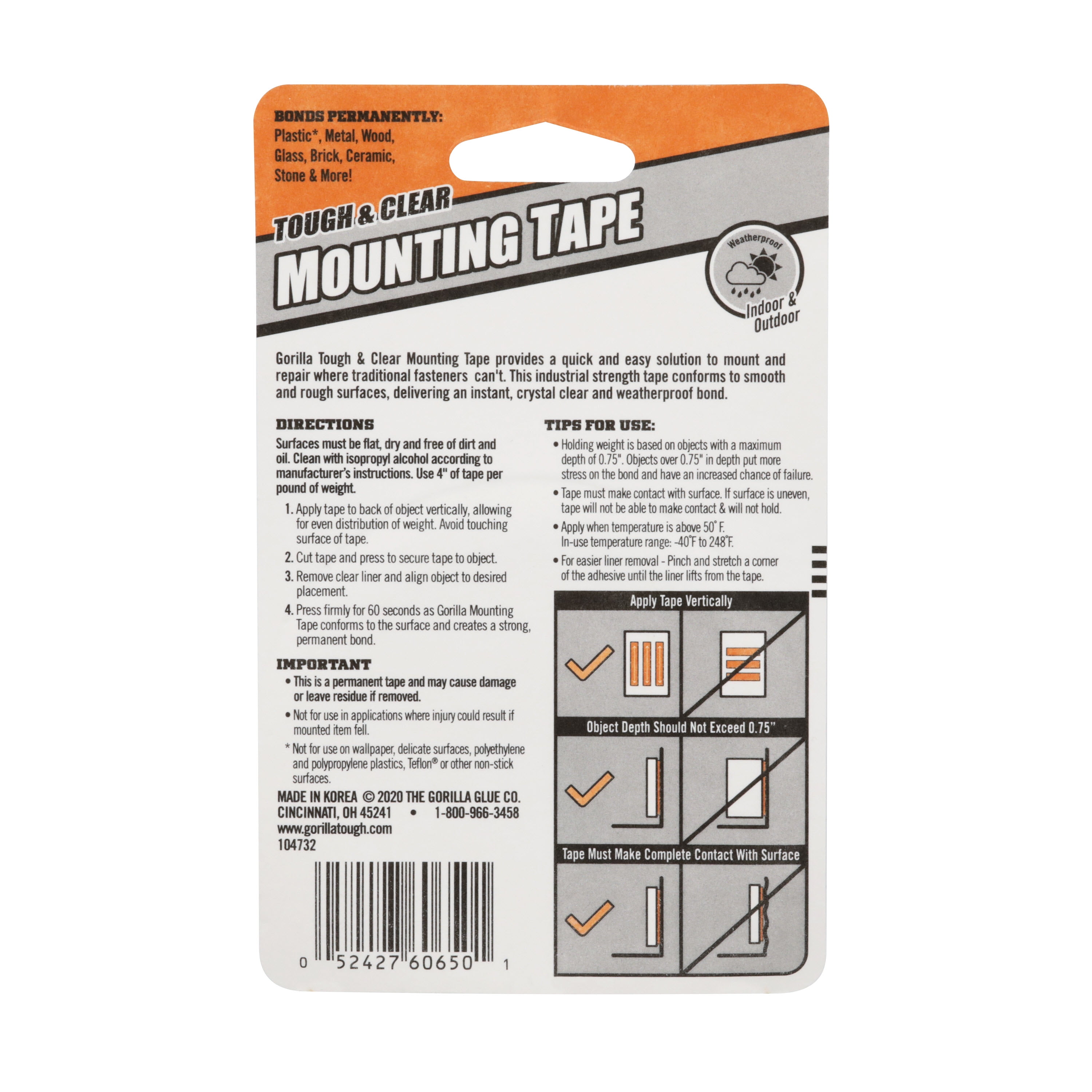 Gorilla Tough & Clear Double-Sided Mounting Tape, 60 Roll/ Model 6065201 