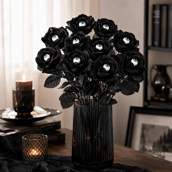 Hvmvliv Halloween Bouquet 12 Piece Set Artificial Flowers with Eyeball Decorations Spooky Centerpiece for Party Home Decor Black