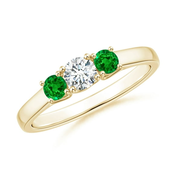 ANGARA Lab Grown Diamond and Emerald Three Stone Ring for Women in 14K Yellow Gold (Size-4mm| Color-F-G| Clarity-VS) | April Birthstone, Anniversary, Jewelry Gift for Women | Lab-Grown Diamond Ring