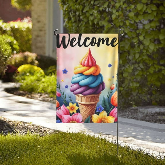 Welcome Summer Garden Flag Rainbow Ice Cream Cone Flowers Double Sided 12x18 Inch Outdoor Yard Decor Seasonal Spring Decoration