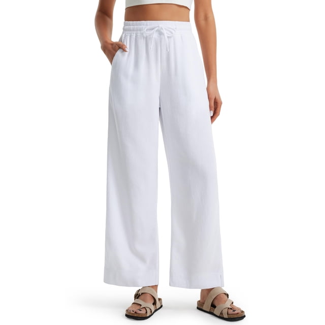 Pantalones Libin de lino con pernera ancha para mujer, color blanco, talla grande
