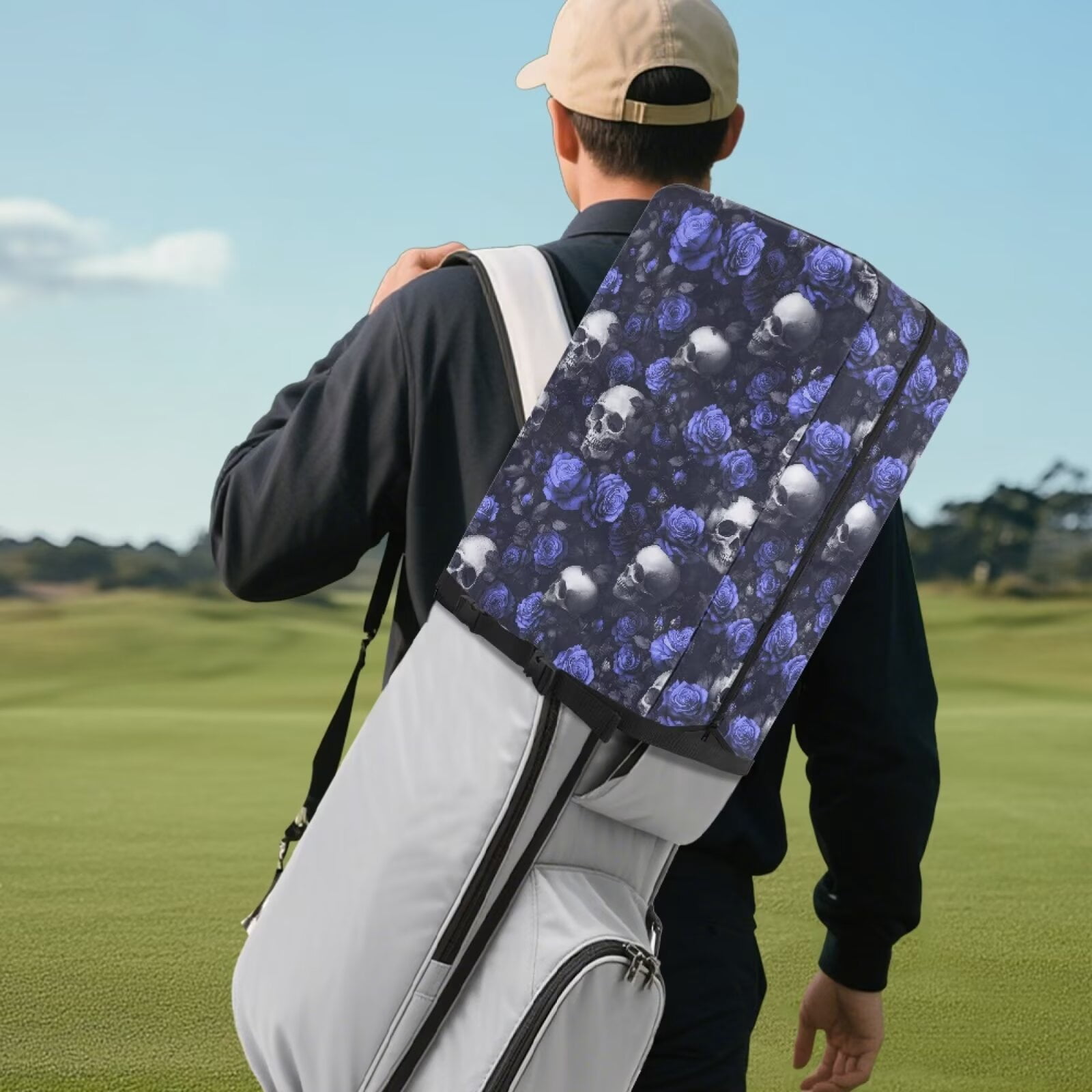 Chririnla Blue Rose Skull Golf Bag Cover Hood Dust & Sun Protection Umbrella for Clubs with Snap Button Universal Fit for Most Club Bags, Stand Bags, Cart Bags & Tour Bags