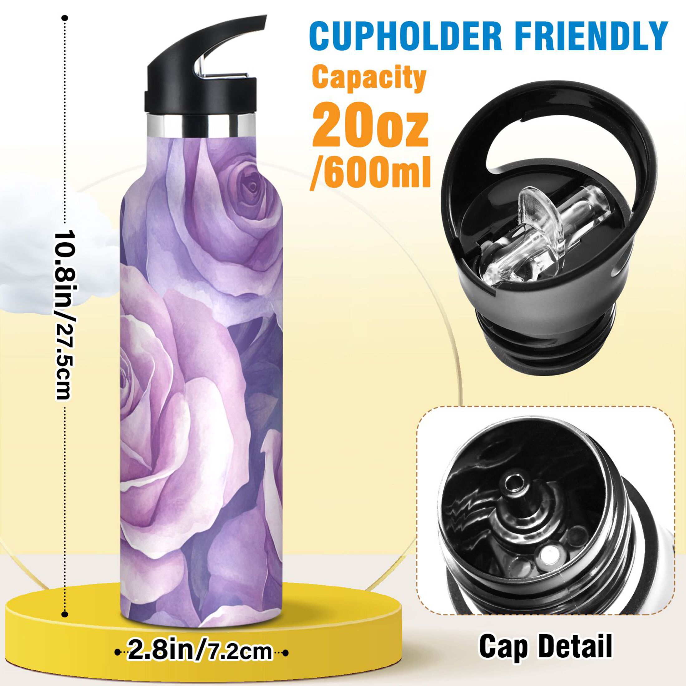 600ML Stainless Steel Insulated Cup Sports Water Bottle Portable Thermos Cup Water Glasses Insulated Tumblers Convenient and Durable Lavender Roses