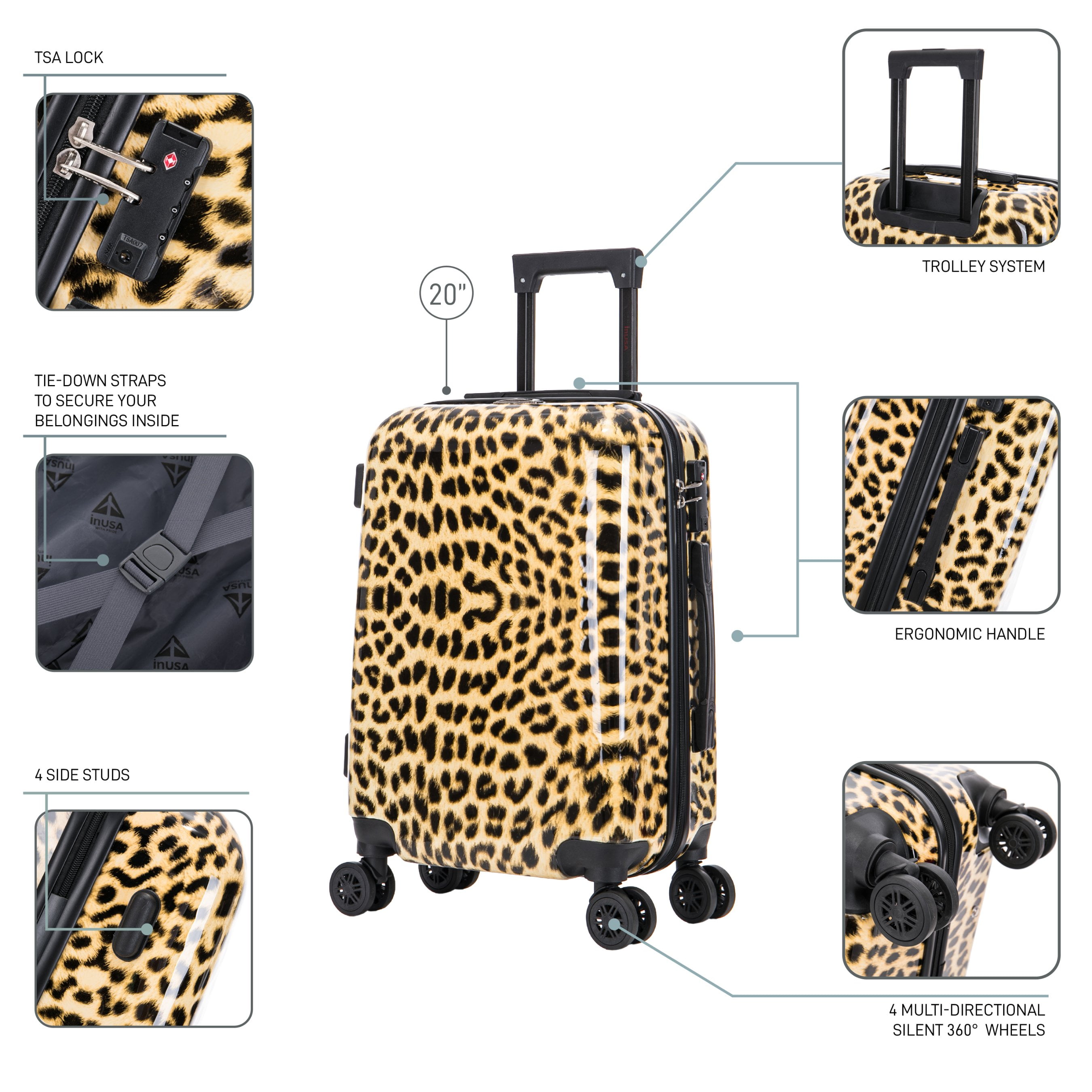 InUSA Print 20" Hardside Checked Luggage with Spinner Wheels, Handle and Trolley, Cheetah