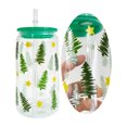 thumbnail image 2 of Navidad a cuadros sombreros de Papá Noel medias árboles de muñeco de nieve Taza de vidrio transparente de café con impresión uv de borosilicato para café helado, refrescos, 2 of 4