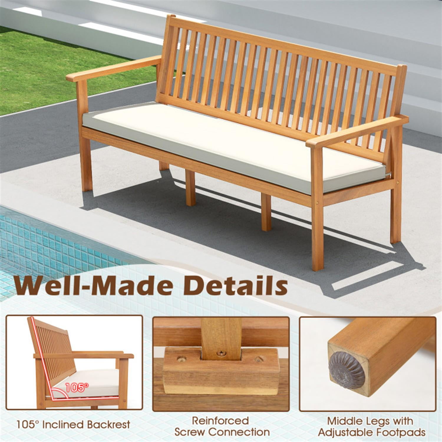 Demi Bonn 3-Seat Wood Outdoor Bench with Seat Cushion and Slatted Seat, Conversation Dining Bench for Garden Poolside Balcony, Beige