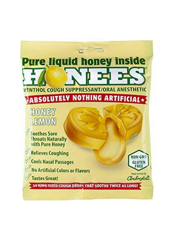 Honees Honey Lemon Cough Drops - 20-Piece, Single Pack Honey-Filled Lozenges | Temporary Relief from Cough | Soothes Sore Throat | All Natural