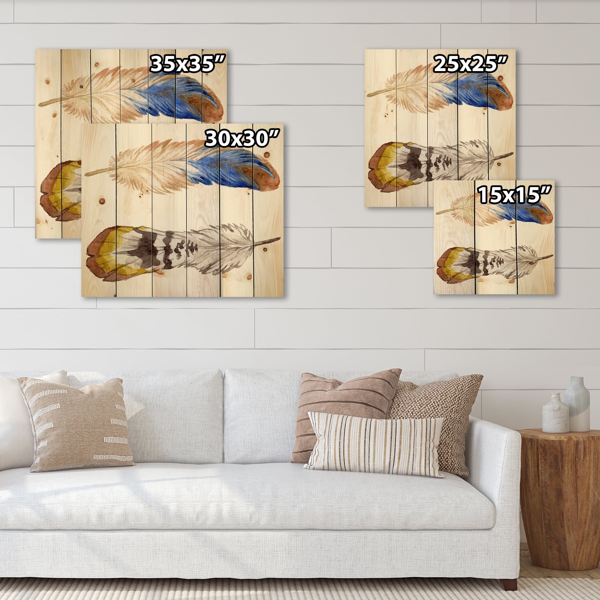 Designart 'Colourful Boho Art Feather Set III' Bohemian & Eclectic Print on Natural Pine Wood