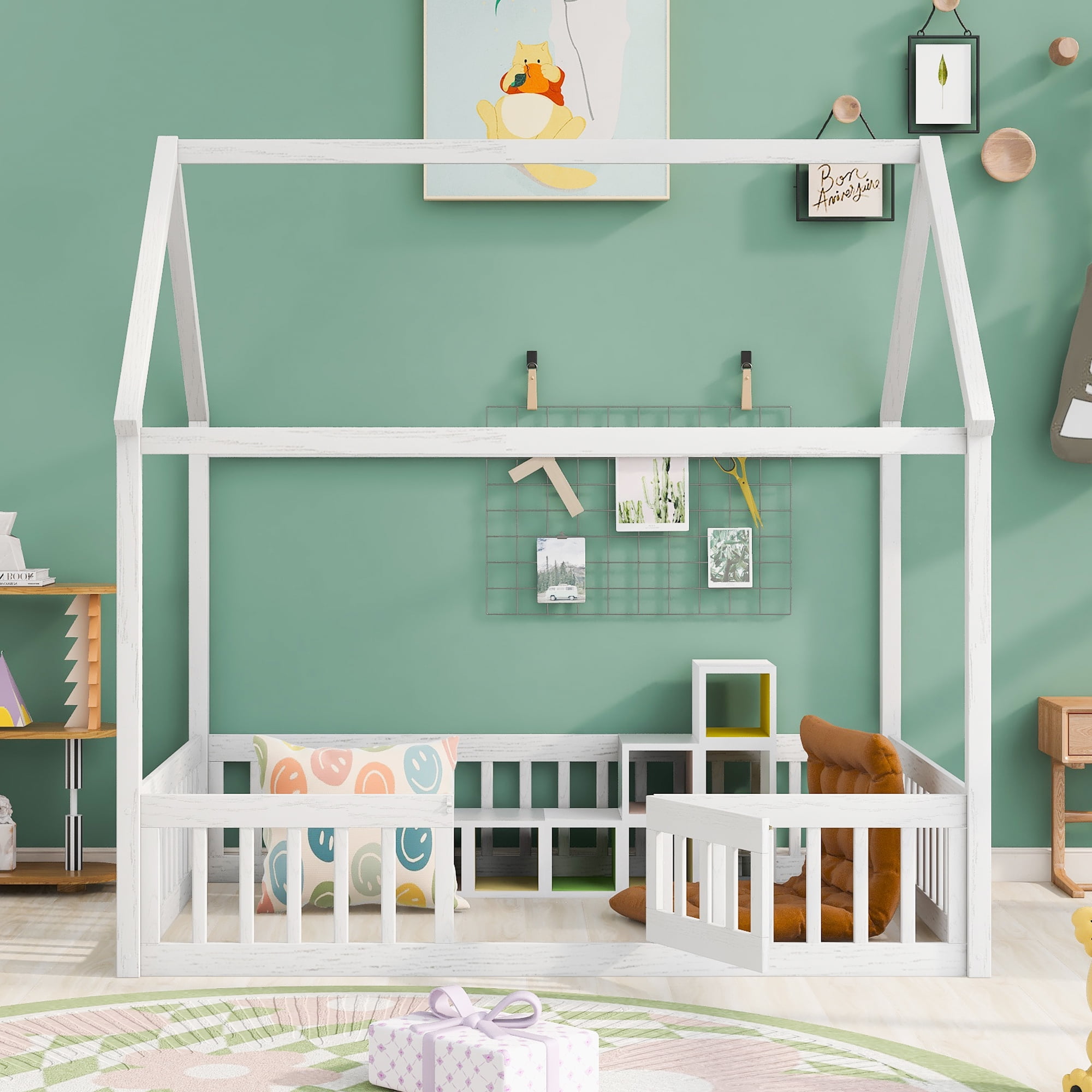 Harper & Bright Designs House Floor Bed with Fence & Roof, Full Size Wood Playhouse Bed Frame wih Rails & Door for Boys Girls, White
