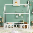 thumbnail image 2 of Full Size Wood House Bed with Fence and Door, White Wash, 2 of 9