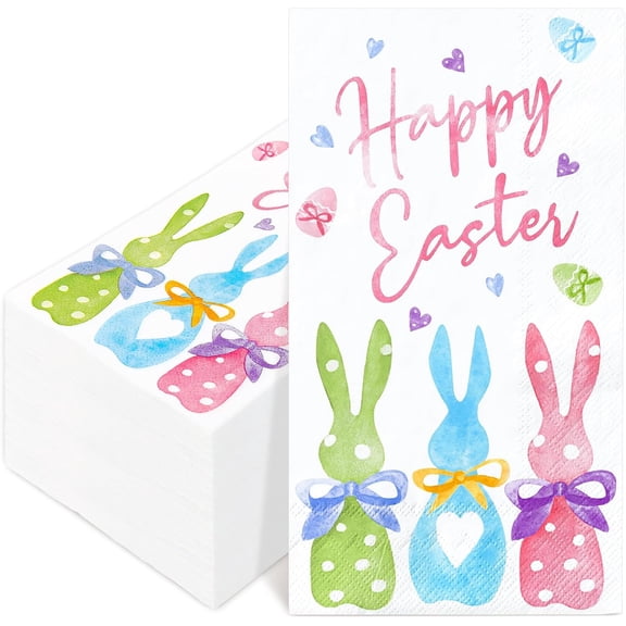 Happy Easter Guest Napkins Bow Bunny Rabbit Disposable Napkins Colorful Dinner Hand Towel Paper Napkins for Spring Holiday Party Table Supplies