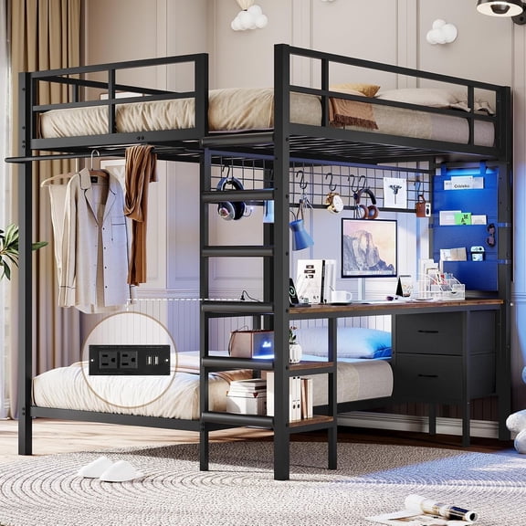 Aunfebrco Full Over Twin Bunk Bed with Desk Metal Loft Bed with Charging Station and Led Lights, Full Size Over Twin Bunk Bed with Drawers&Storage Shelves for Adults, Full-Length Guardrail, Black