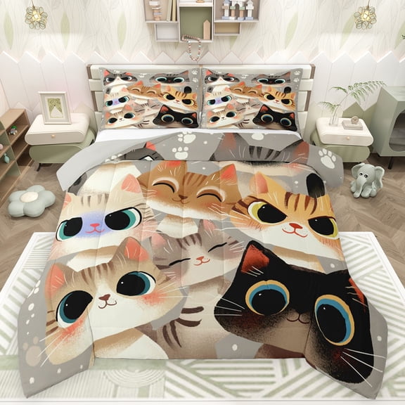 Feelyou Funny Cartoon Cat Full Size Comforter Sets, Kawaii Kitten Lover Bedding Comforter Set, Teens Kids Boys Girls Reversible Bedding Sets, Ultra Soft Bedroom Decor, 3-Piece
