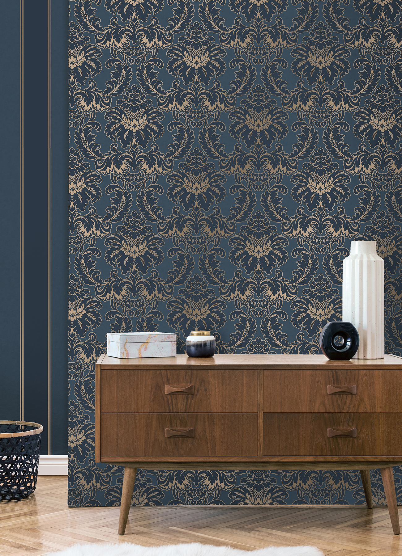 Brewster Home Fashions Windsor Blue Damask Wallpaper