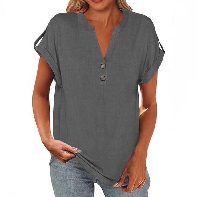 Yuyuzo Womens T Shirts Cap Sleeve Tops Button up V Neck Top Solid Color Basic Summer Tees Tops