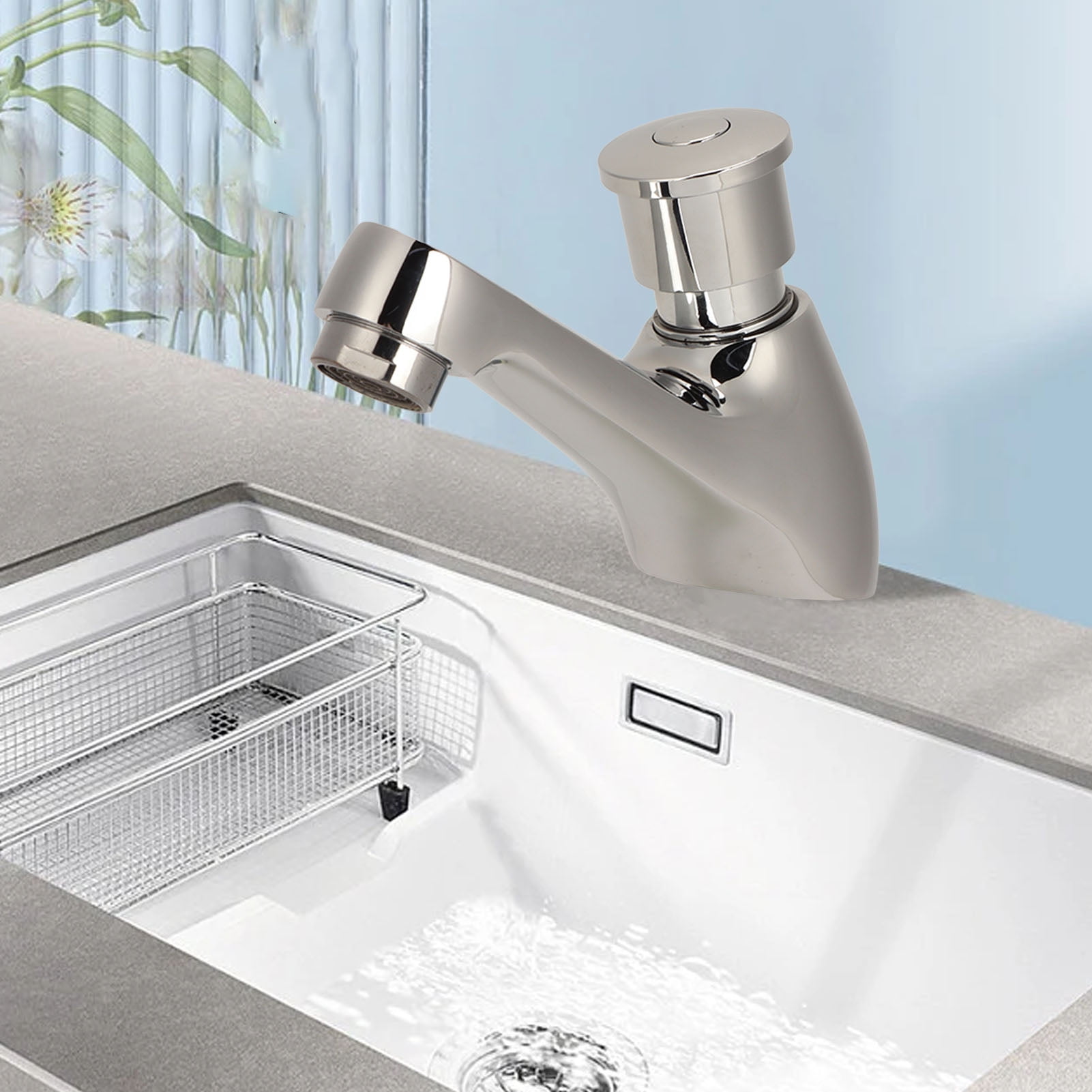 Riousery Time Delay Silver Faucet Single Tube Cold Water Basin Taps G1/2 Thread Copper Bathroom Sink Push Button Faucet Hardware 5.51 inches / 14 cm For Home Kitchen Hotel Washroom