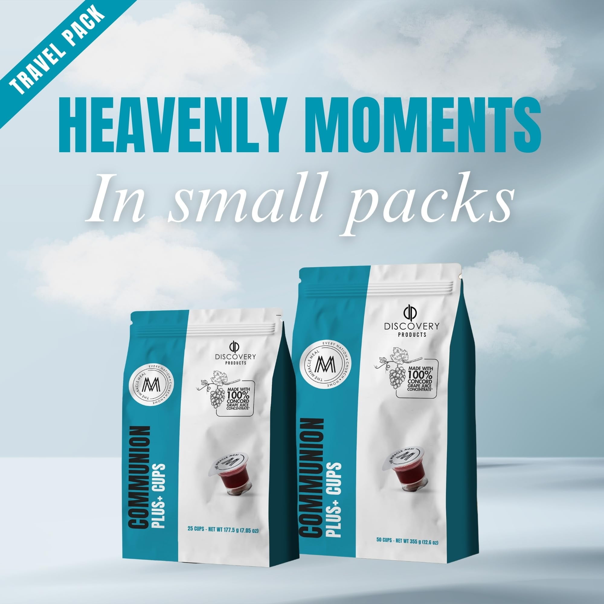 Discovery Product Travel Pack - Pre-Filled Communion Plus Cup - Bag of 50 with Wafer and 100% Concord Grape Juice