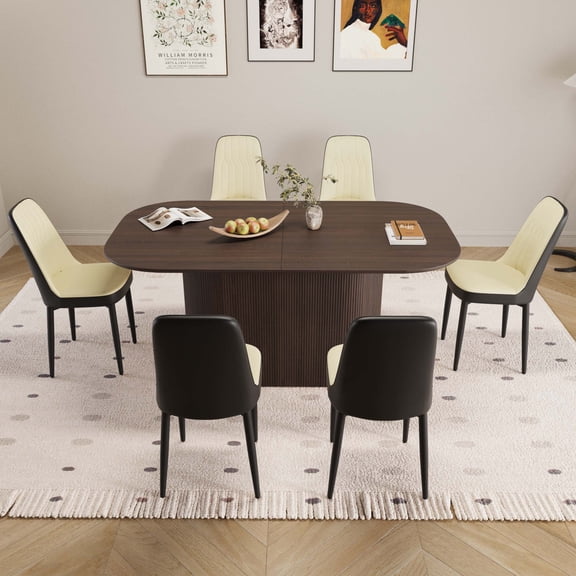 63" Brown MDF Dining Table & 6 PU Chair Set, Mid-Century Modern with Black Metal Legs (Assemble Desktop)