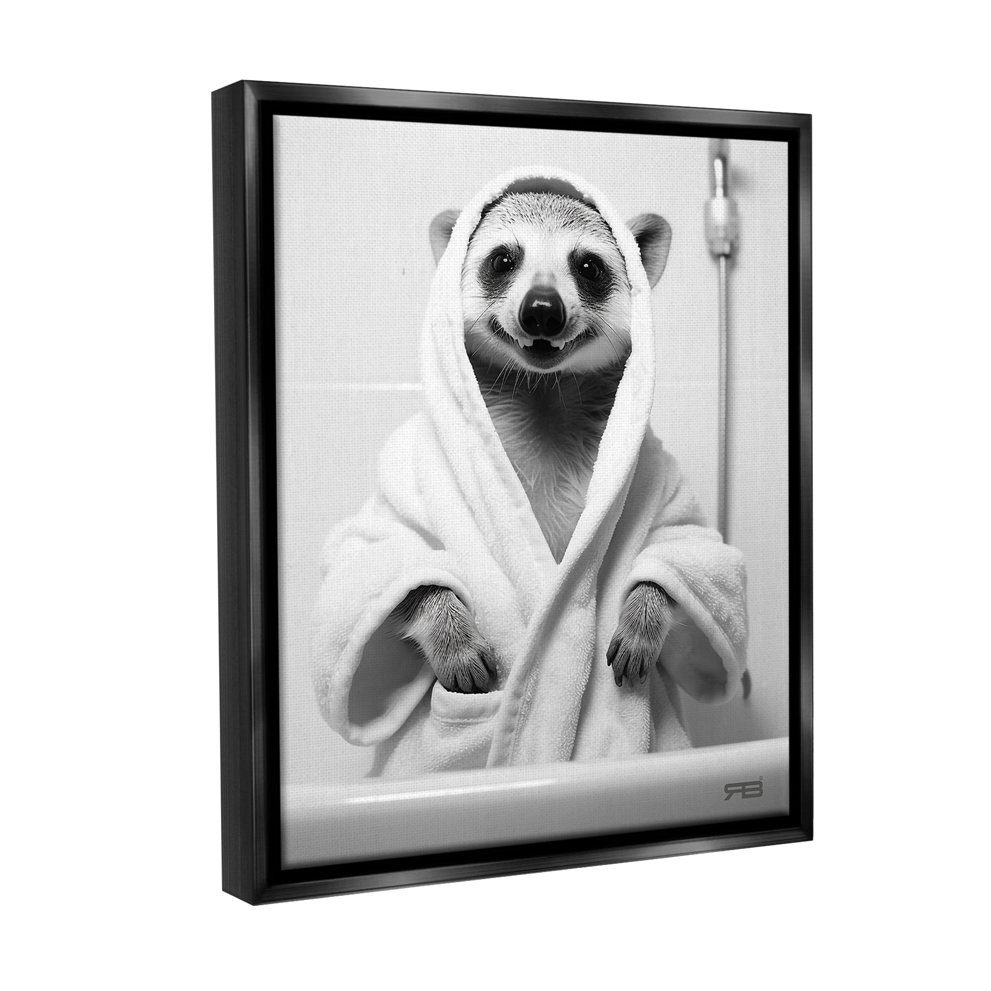 Stupell Industries Animal in Bathroom Robe Animals & Insects Painting Black Floater Framed Canvas Art Print Wall Art, 17 x 21