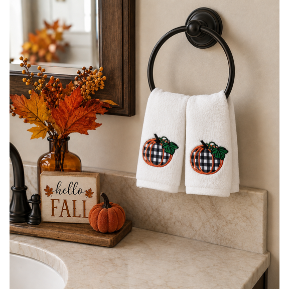 Serafina Home Decorative Fall Decor Fingertip Towels: Embroidered Black White Gingham Pumpkin on Plush Ivory White, 2 Piece Set, 12" x 18" Inch Each (Plaid Pumpkin)