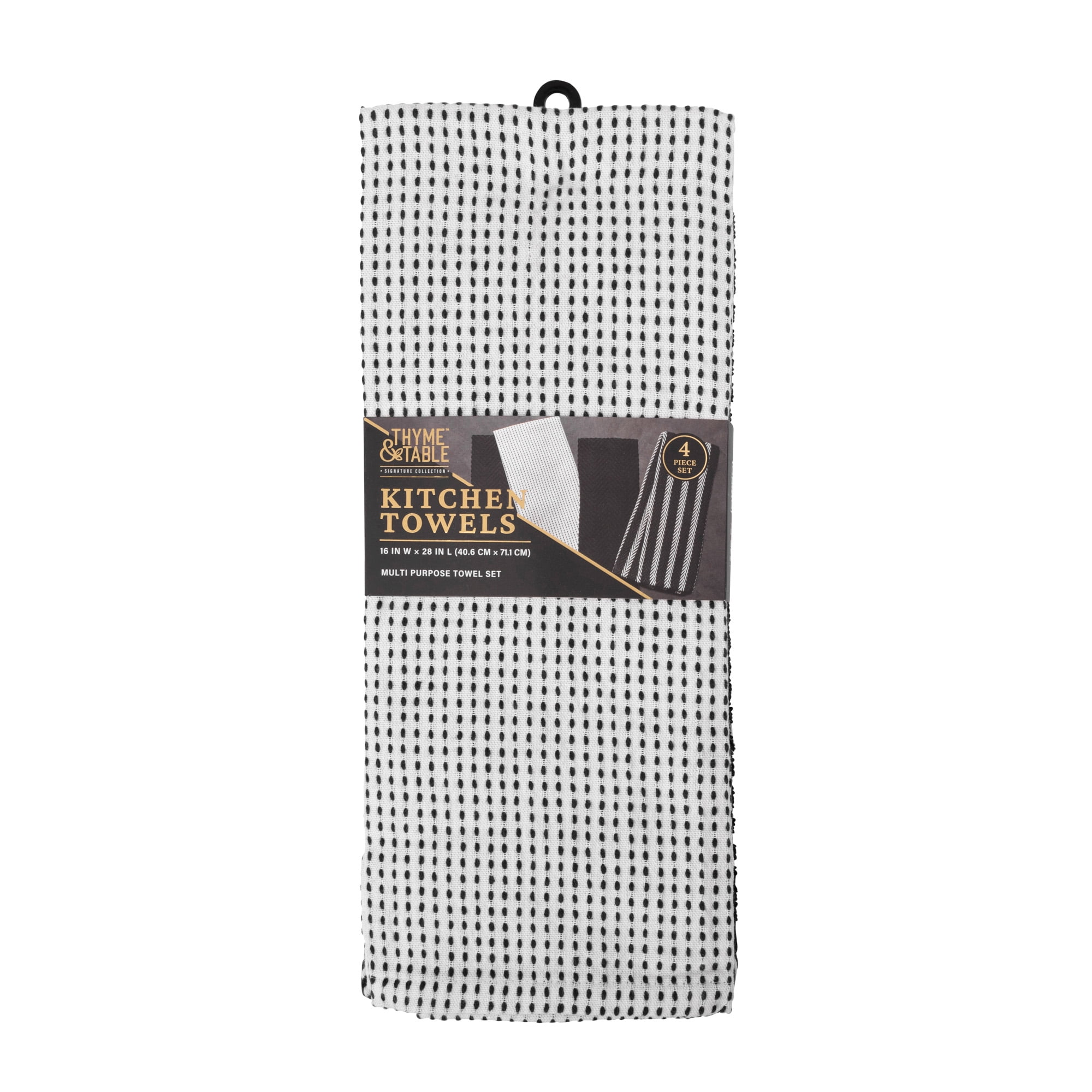 Thyme & Table Kitchen Towels, White and Black, 4 Pack Set