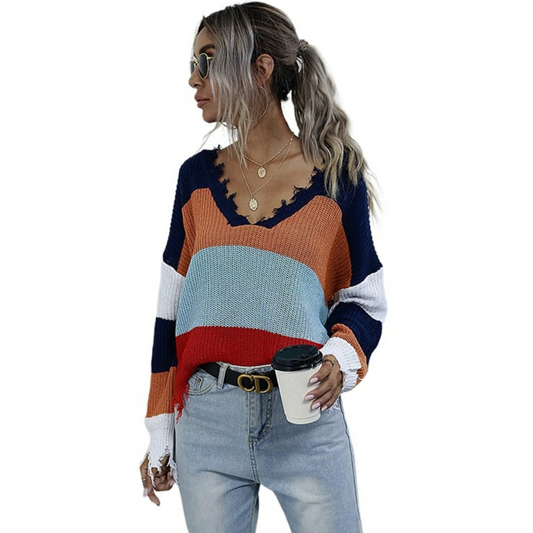 Black and White Colorblock Striped Distressed Ripped Sweater 