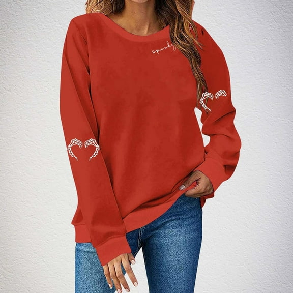 GaThRRgYP Hoodies for Women Halloween,Women's Fashion Long Sleeve Round Neck T-Shirt Printing Loose Blouse Hoodless Sweatshirts Red S