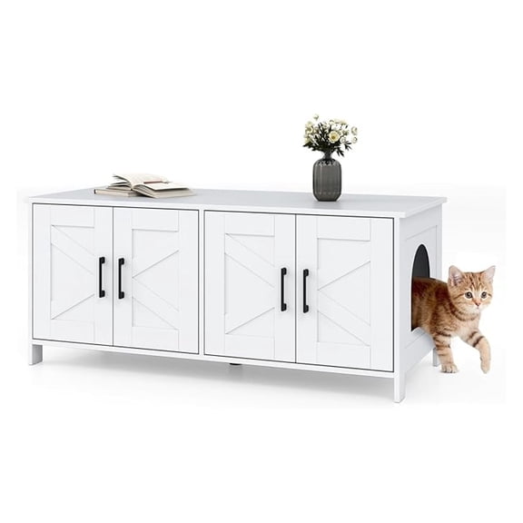 Double Cat Litter Box Enclosure, Modern Litter Box TV Stand with Double Rooms, Wooden Litter Box Enclosure for 2 Litter Boxes, Dual Litter Box Furniture, x 20 x 20 inches (White)