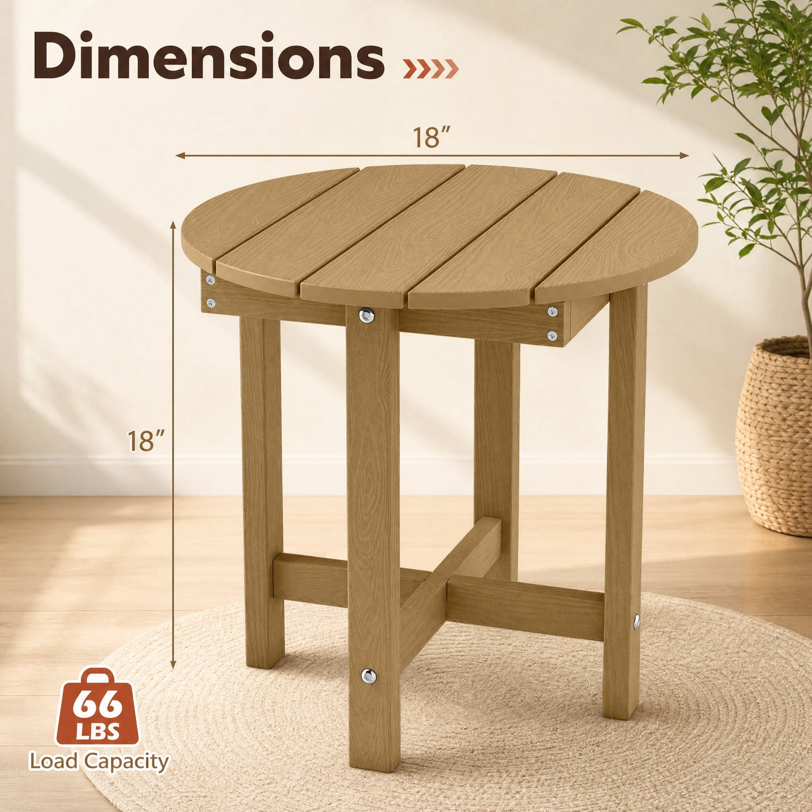 Biotree 18 Inch Adirondack Side Table, All-Weather HIPS Outdoor End Table with Slatted Wood-Grain Top and Stable Base for Garden Porch Deck, Coffee