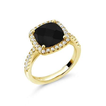 2.61 Ct Cushion Checkerboard Black Onyx White Created Sapphire 18K Yellow Gold Plated Silver Ring