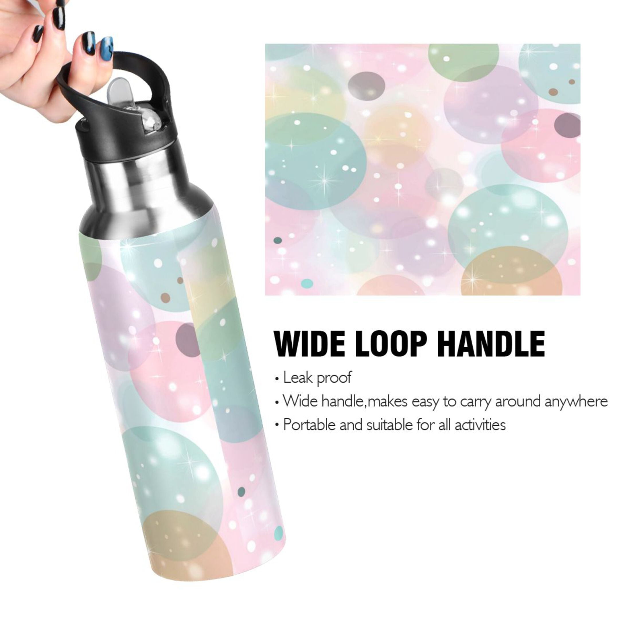 Iauyy Stainless Steel Double-Wall Vacuum Insulated Water Bottle with Straw-600ml&1000ml BPA-Free Leak-Proof for Travel Workouts Outdoor,Stars and Bubbles