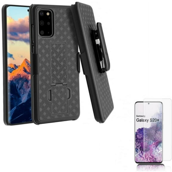 Screen Protector w Case Belt Clip for Samsung Galaxy S20 Plus - Tempered Glass [Fingerprint Unlock] 3D Curved Edge Full Cover, Holster Swivel Cover Kickstand Y8L fits Samsung Galaxy S20 Plus