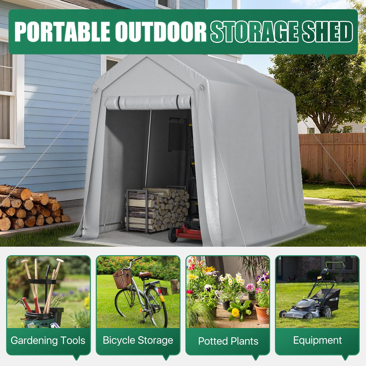 Clouddwell 6x8 FT Outdoor Portable Storage Shed Tent with Roll-Up Mesh Windows & Reinforced Frame, Motorcycle Storage Shed for Patio Furniture & Equipment Storage, Dark Gray