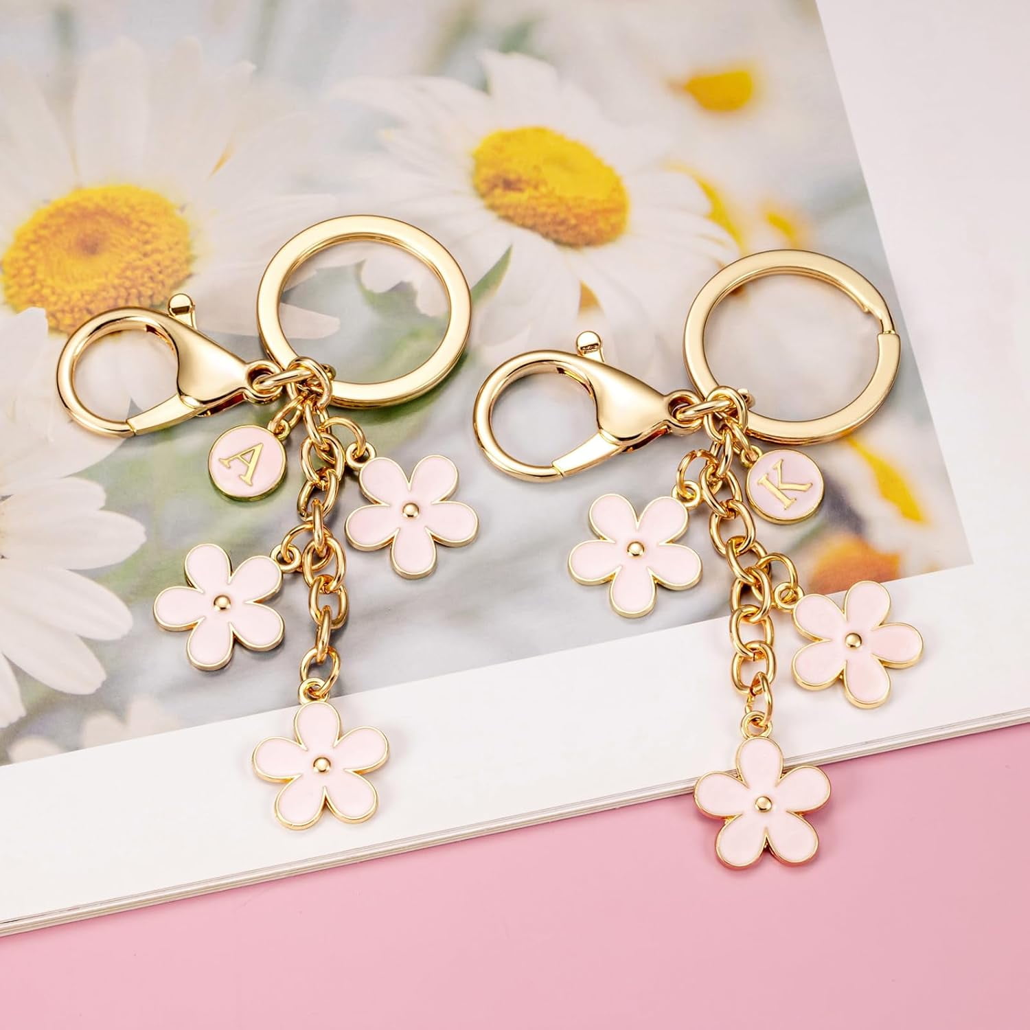 Cute Daisy Initial Keychain - White & Pink Flower Charm Keyring For Keys, Backpack, Or Bag - View #9