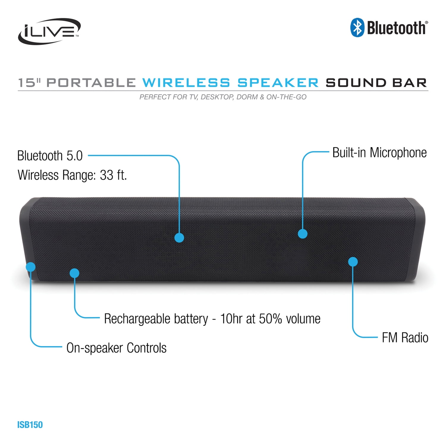 iLive 15-In. 9-Watt Portable Rechargeable Bluetooth Speaker/Sound Bar with Speakerphone and Party Plus, ISB150BPT
