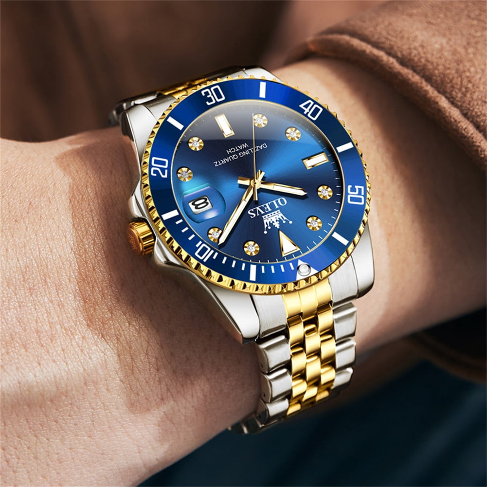 OLEVS Watch for Men Stainless Steel Business Dress Luxury Diamond Big Face Waterproof Mens Watches with Date Analog Wrist Men Watch Reloj para Hombre Blue Dial