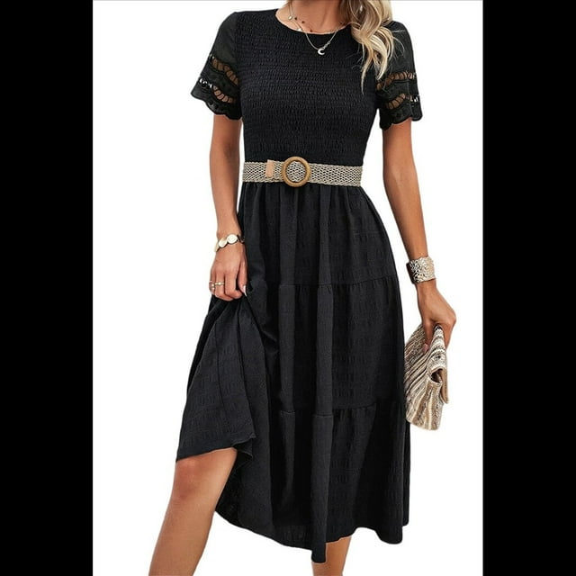 Vestido Elegante de y Verano para Mujer, Color Liso, con Cuello Redondo y Aberturas Negro S