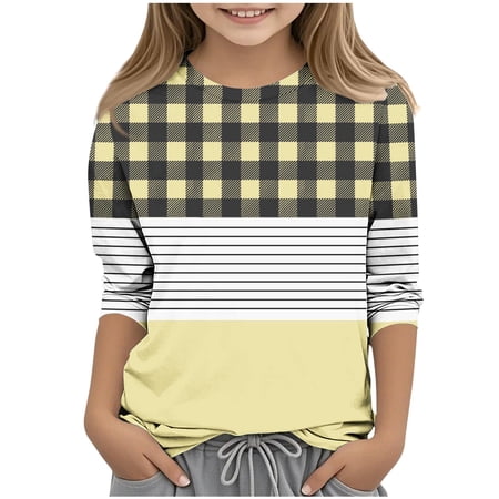 Efsteb 3-14 Summer Shirts for Girls 3/4 Sleeve Tops Casual Round Neck Tunic Shirt Fashion Loose Tops (Yellow 13 Years)