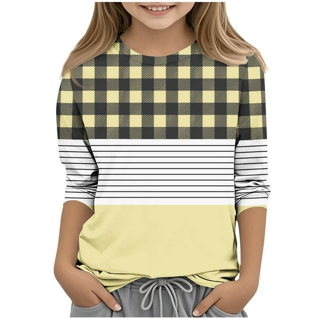 Floleo Chemise à Carreaux Rayée à Manches 3/4 pour Garçons et Filles – Chandail Léger à Col Rond pour le Printemps et l'Automne, Imprimé Décontracté, Superposition (Jaune, 9 Ans)