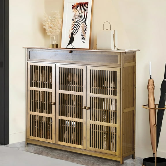 LUVODI Vintage Shoes Rack Cabinet 4 Tier Shelves Shoe Storage Cabinet with 3 Hollow Doors for Entryway