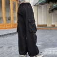 thumbnail image 4 of CYRBOKO Girls Cargo Pants with Pockets, Elastic Waist Loose Fit Casual Drawstring Wide Leg Pants Black Size 5-6 T, 4 of 7