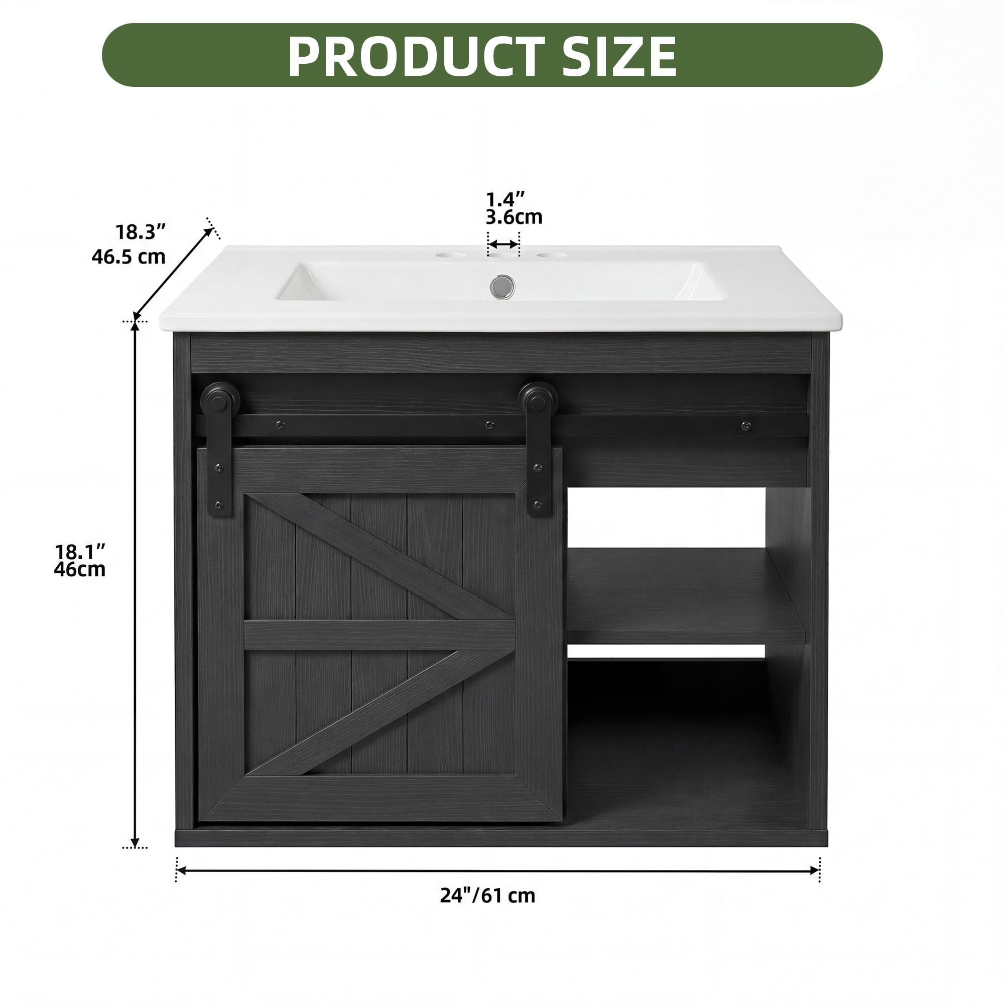 Uforic 24 Inch Farmhouse Floating Bathroom Vanity with Ceramic Sink, 7-Color LED Ambient Light & Sliding Barn Door for Small Compact Bathroom Spaces, Black